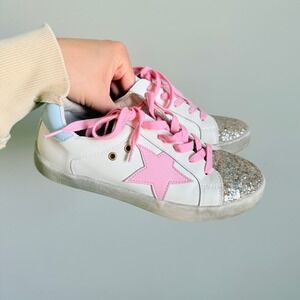 SweetHoney Kids BTS Shoes‎ White Leather Pink Star Glitter Toe Sneakers Size 5Y